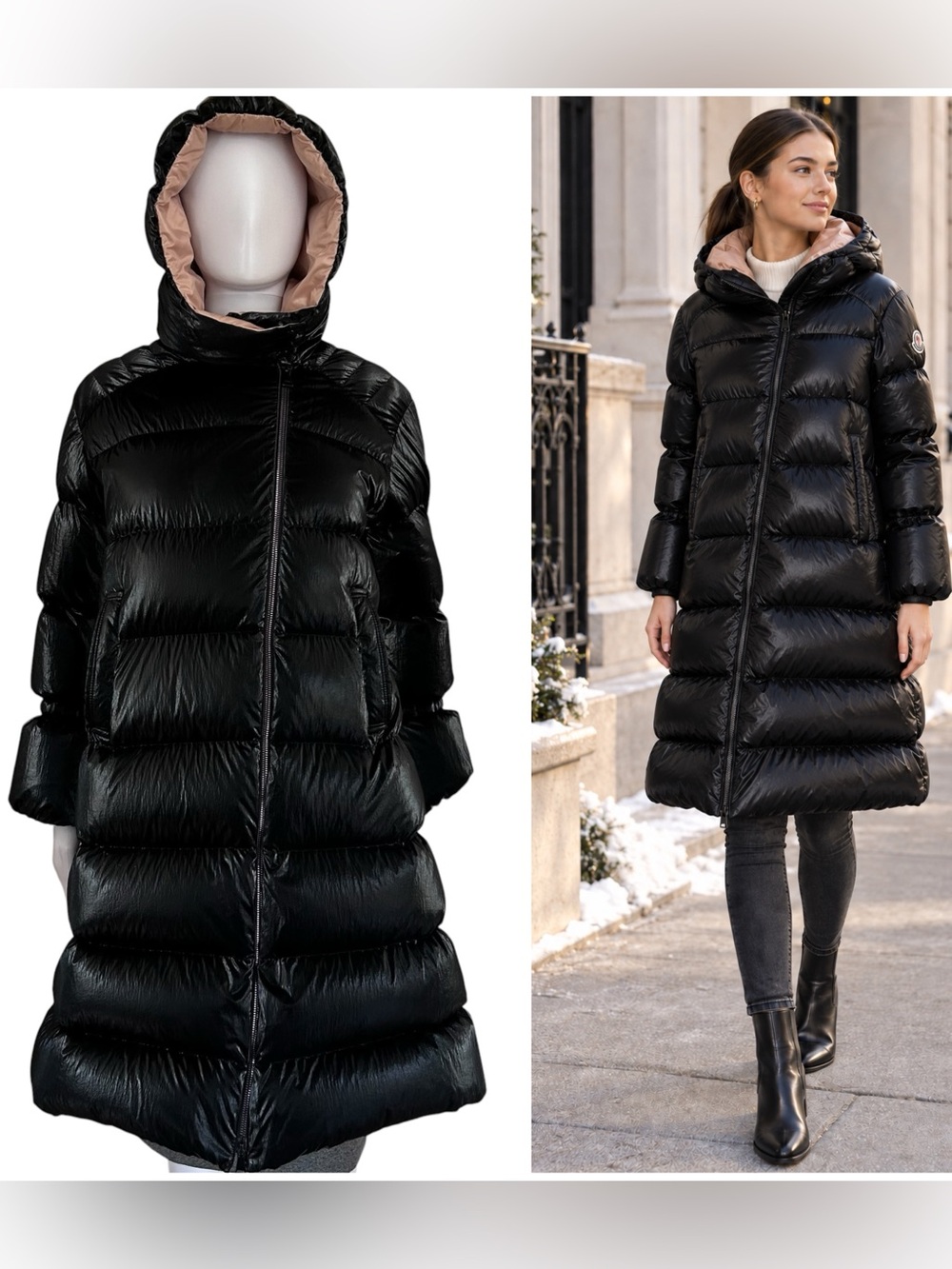 Moncler Odetta Hooded Long Down Puffer Parka Coat Girls 12A Black Glossy Jacket